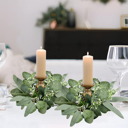 2Pcs Candle Rings, Artificial Eucalyptus Leaves Candle Wreaths for Pillar, Greenery Willow Leaves Gypsophila Candle Wreath for Wedding Centerpieces Home Party Table Decor (Green)