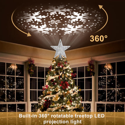 Christmas Tree Topper Lighted with 6 Projected Patterns, Christmas Star Tree Topper Built-in LED Rotating Lights, 3D Glitter Projector for Party Holiday Xmas Decorations s (Sliver)