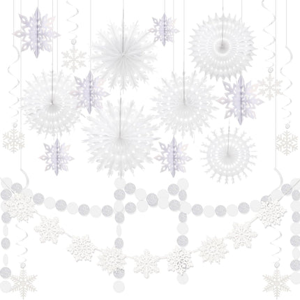 21 Pcs Winter Hanging Snowflake Decorations Paper Snowflake Garland Snowflake Banner Swirls Paper Fans for Wonderland Party Winter Christmas Birthday Decorations(White,Classic)