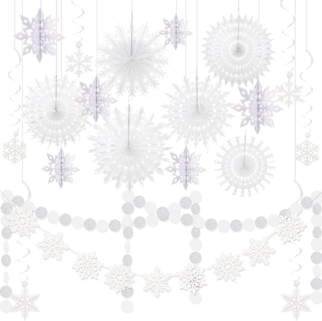 21 Pcs Winter Hanging Snowflake Decorations Paper Snowflake Garland Snowflake Banner Swirls Paper Fans for Wonderland Party Winter Christmas Birthday Decorations(White,Classic)
