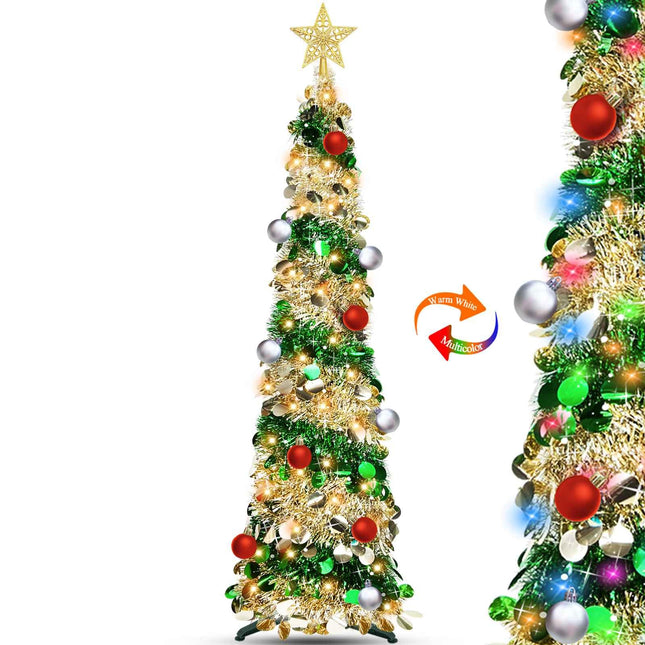 TURNMEON 5 Ft Pop Up Christmas Tree Dual Color Change Lights Ball Ornaments Star Sequin Gold Tinsel Christmas Tree 8 Mode Timer Warm White Colorful Battery Operated Holiday Xmas Decoration Indoor