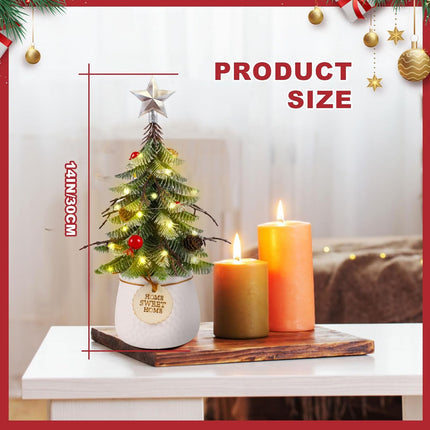 Mini Christmas Tree,ADXORA 14 Inch Small Christmas Tree,Green Christmas Tree with Pinecones and Cherries Christmas Decorations for Festive Indoor Decor