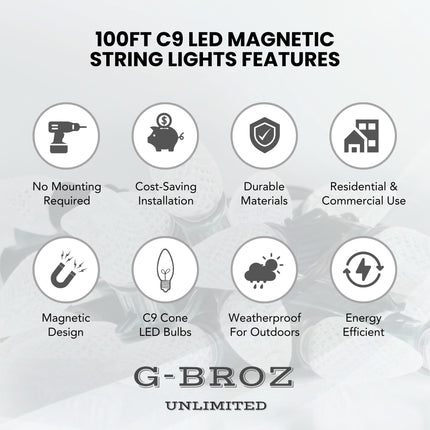 100ft C9 Magnetic Christmas Light Strand, Designed & Patented by LiteNetics, 100 Sockets per Strand, Shatterproof Warm White LED Bulbs for Holidays, Events, Patio, etc. Green Strand