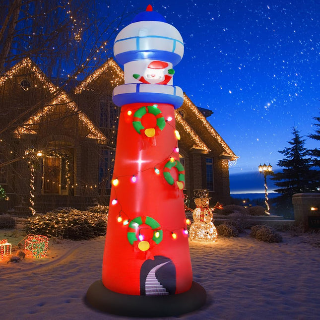 Christmas Inflatable Lighthouse Decorations, 10FT Giant Blow Up Beacon with Santa Claus Built in Colorful LED Bulbs Inflate Lighting House for Xmas Party Winter Holiday Yard Lawn Outdoor Oranments