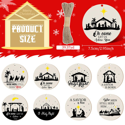 40 Pieces Nativity Scene Christmas Tree Ornament Wooden Nativity Scene Ornaments Wood Slice Nativity Decorations Christmas Wood Chips Xmas Round with 16 Yard Ropes for Xmas Tree Party Decoration