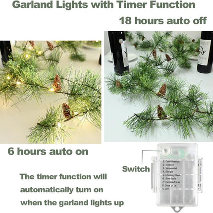 Christmas Smokey Pine Garland with Lights 6.56FT Remote Garland with Timer 30 LED Fairy Lights Battery Operated Garland Lights with Pinecones Greenery Garland Christmas Pre-lit Lights for Home