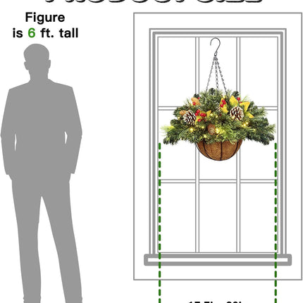 Artificial Christmas Hanging Basket, Decorated with Frosted Pine Cones, Berry Clusters, 30 LED Warm Lights,Christmas Outdoor Decorations for Front Porch Garden Yard Xmas Decor,20 Inches