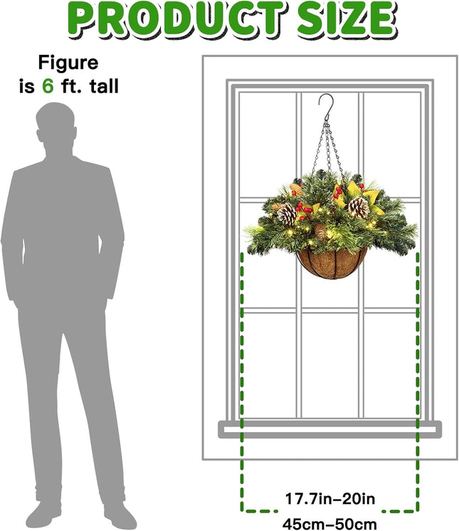Artificial Christmas Hanging Basket, Decorated with Frosted Pine Cones, Berry Clusters, 30 LED Warm Lights,Christmas Outdoor Decorations for Front Porch Garden Yard Xmas Decor,20 Inches