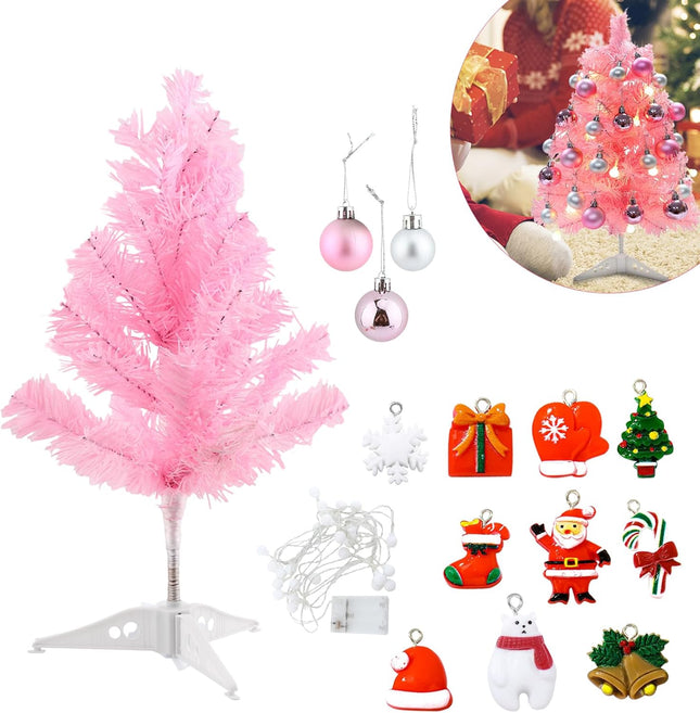 17inch Mini Small Pink Christmas Tree with 28pcs Christmas Ball Accessories, Artifical Desktop Simulation Tabletop Xmas Tree and Ornaments for Christmas Decoration Supplies(Pink)