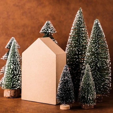 Rainmae 8Pack Tabletop Small Flocked Artificial Christmas Tree, Artificial Xmas Pine Tree, Mini Snow Covered Faux Tree with Wooden Bases for Xmas Holiday Party Home Handicraft Decor Desktop Ornaments