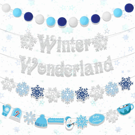 Preboun 5 Pcs Winter Wonderland Banner Glittery Snowflake Banner Frozen Birthday Banner Christmas Holiday Garland Snowman Snow Winter Party Decoration