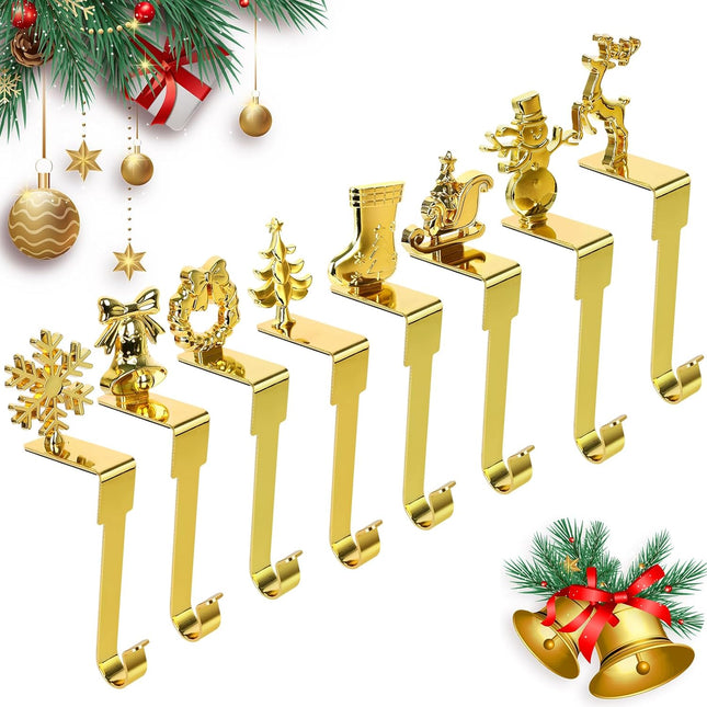 Set of 8 Christmas Stocking Holders for Mantle - Snowflake, Reindeer, Tree, Snowman, Bells, Wreath, Sleigh Ride - Perfect for Mantel Decoration Gold