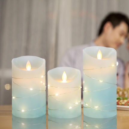MELTONE Flameless Candles with String Lights Moving Wick Real Wax Ocean Blue Battery Operated Candles with Remote Control & Timer - Home Holiday Farmhouse Christmas Decor - Set of 3