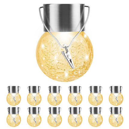 Solar Lights Outdoor Decorative 12 Pack, Hanging Solar Garden Lights Waterproof, Solar Powered Globe Lantern Cracked Glass Ball Lights for Yard Patio Fence Tree Umbrella Holiday Decoration,Warm White