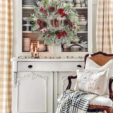 Christmas Wreath, 18 Inch Flocked Snow Wreath with Frosted Branches, Berries and Pine Cones for Front Door Decoration Indoor Window Wall Fireplace Xmas Décor