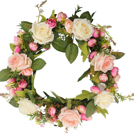Ogrmar Artificial Flower Wreath/Handmade Floral Artificial Simulation Rose Flowers Garland Wreath for Home Front Door Christmas Wedding Party Decoration (Rose)