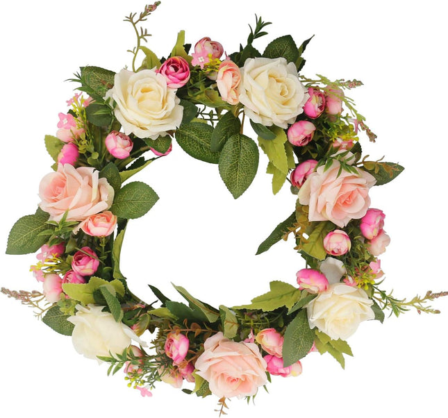 Ogrmar Artificial Flower Wreath/Handmade Floral Artificial Simulation Rose Flowers Garland Wreath for Home Front Door Christmas Wedding Party Decoration (Rose)
