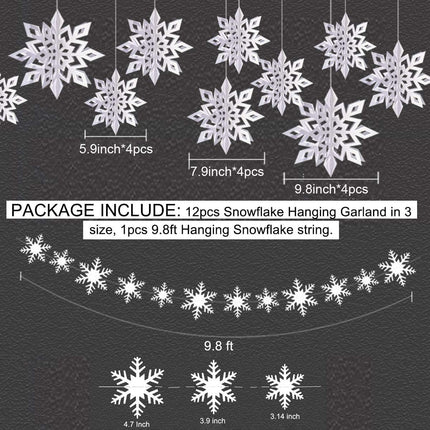 OuMuaMua Winter Christmas Hanging Snowflake Decorations, 12PCS Snowflakes Garland & 12PCS 3D Glittery Large White Snowflake for Christmas Winter Wonderland Holiday Year Party Home Decorations
