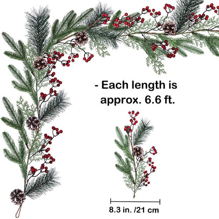 Christmas Artificial Pine Garland with Spruce Cypress Berries Frosted Pinecones Winter Greenery Garland for Holiday Season Mantel Fireplace Table Runner Centerpiece Decoration 6.6 feet