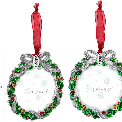 Christmas Tree Ornament Picture Frame Metal Hanging Pendant Holiday 2.5" Photo Frame Charm Decorative of Pets, Baby First Christmas, Family ( Christmas Wreath)