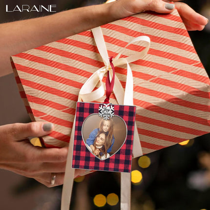 Laraine Christmas Tree Ornaments 3 Pieces – Decorative Hanging Plaid Pendant with 2.5” Picture Frame Insert for Baby and Pet Holiday Keepsake (Plaid-Red&Black ())