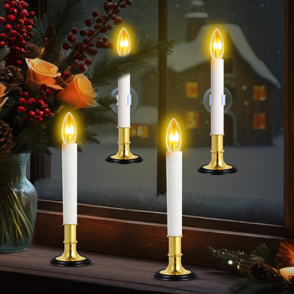 Verdenu 4 Pack Electric Christmas Window Candles, Window Candles with Sensor Dusk to Dawn Electric Corded, Brass Plated Electric Candles, Plug in Window Candle Light for Home/Christmas Decoration