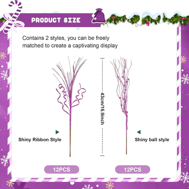 Yunlly 24 Pcs 17 Inch Christmas Glitter Tree Filler Decorations Artificial Glitter Berry Stem Branches Picks for Xmas Tree Glittery Twigs for Vases Wreath Holiday Wedding Party Decor(Purple)