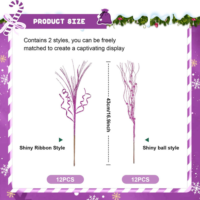 Yunlly 24 Pcs 17 Inch Glitter Tree Filler Decorations Glitter Berries Stems Artificial Christmas Valentine Picks Ornament Glittery Twigs for Wedding (Purple)