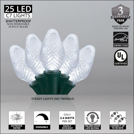 Wintergreen Lighting C7 Cool White Christmas Lights Set of 25, 17 Ft, White LED Christmas Lights Outdoor String Lights Party Wedding Indoor-Outdoor C7 Christmas Lights String