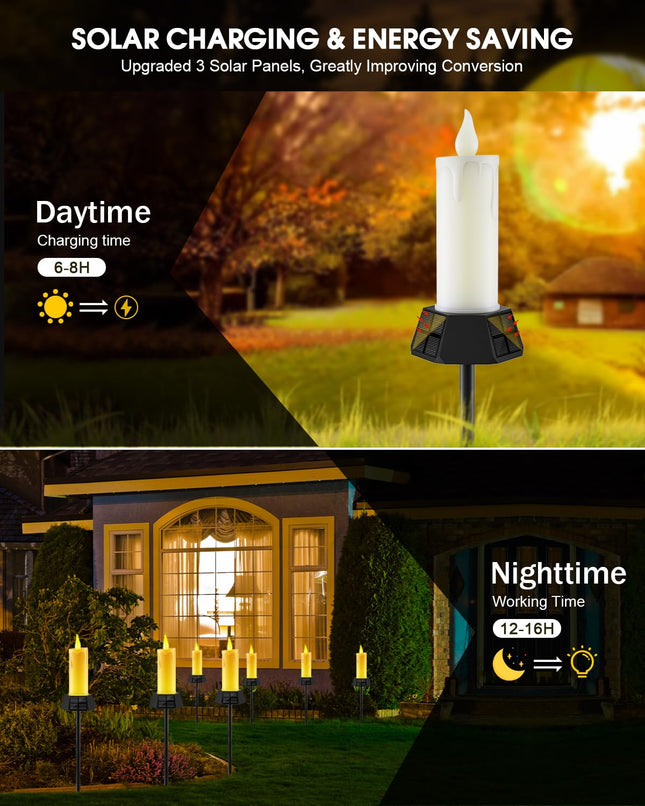 Solar Lights Outdoor Waterproof, Electric LED Flameless Candles with 3 Solar Panels, Solar Pathway Lights for Christmas Outdoor Party Yard Camping Garden Home Decorations, 2 Pack