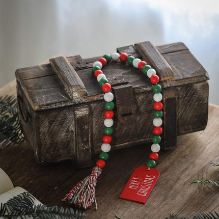 Christmas Wood Bead Garland with Tassels, Rustic Farmhouse Tiered Tray Holiday Decorations, Red and White Wooden Bead with Jute Rope Plaid Tassel, Country Xmas Home Decor (Xmas Red & Green & White)