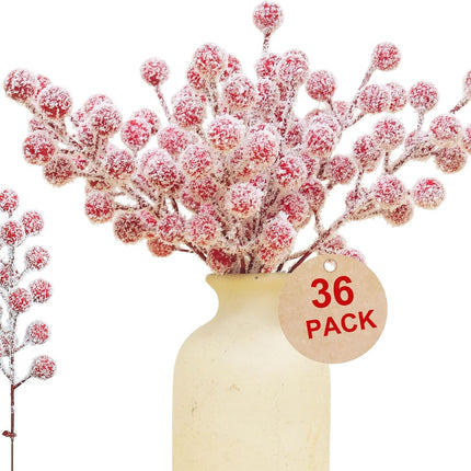 36 Pack Frosted Red Berries Stems Snowy Waterproof Holly Berry Christmas Picks Sprays Artificial Flower for Christmas Tree Decorations Wreath DIYs Crafts Vase Wedding Xmas Ornament Home Decor