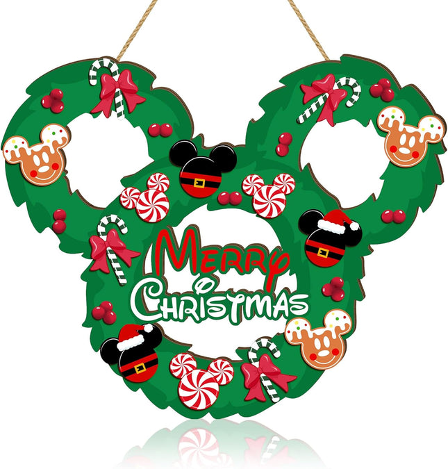 Christmas Mouse Door Sign Decorations, Merry Christmas Wooden Door Hanging Sign Wreath Ornaments for Front Door Decor Peppermint Candy Mouse Shaped Winter Wall Xmas Party Holiday Supplies Green