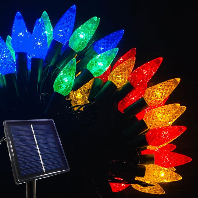 Solar Christmas Lights Outdoor C6 Strawberry String Lights, 50 LED Multicolor Outdoor Solar Powered Rechargeable Garden Lights for Xmas Tree, Holiday, Party Courtyard Decor
