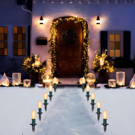 38FT LED Outdoor Christmas Pathway Lights,25 Warm White Extendable Waterproof Christmas Walkway Lights with C9 LED Bulbs and Stakes for Walkway Backyard Snowfield Christmas Decorations