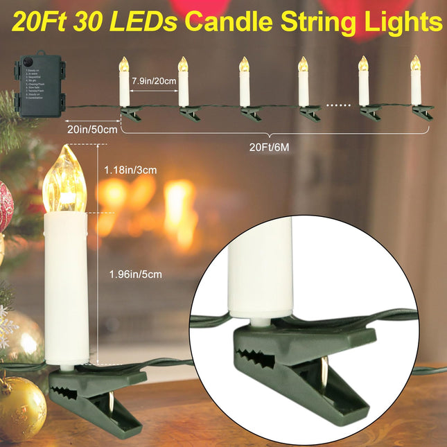 20Ft 30 LED Candle String Lights Battery Operated Clip on Flameless Candle Lights for Christmas Tree Lights with Auto Timer 8 Modes for Year Wedding Garden Decoration (Warm White)