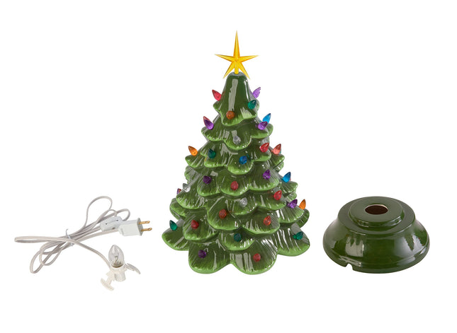 Classic Ceramic Christmas Tree – 15.5” Vintage Green Tree with Separate Base, Multi-Color Lights, Power Cord, Bulb and Star