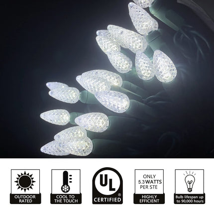 C3 Christmas Lights 50 Cool White LED String Lights, 120V UL, 17FT Green Wire Xmas Lights for Indoor & Outdoor Use, Trees, Pathway, Holiday Party Decorations
