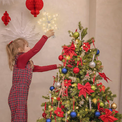 Silver Christmas Tree Topper Star with 20 Pure White LED Lights and Pearl Beads, Remote Control Star Tree Topper for Christmas Tree Decorations and Xmas Holiday Décor, Battery Required