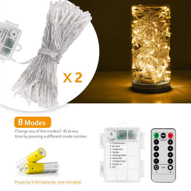 2 Pack Battery Operated String Lights with Remote Timer Waterproof 8 Modes 16.4ft 50 LED String Lights for Bedroom,Garden,Party,Xmas Tree Indoor Outdoor Decorations, Warm White