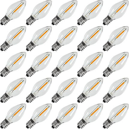 KGC 25Pack C7 LED Christmas Light Bulb, E12 Base Waterproof LED Bulbs for String Light, 0.6W 2200K Warm White 50LM, Clear Plastic Night Lights C7 LED Replacement Bulbs for Christmas String Lights.