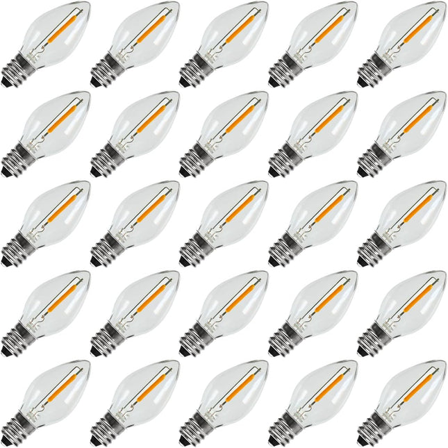 KGC 25Pack C7 LED Christmas Light Bulb, E12 Base Waterproof LED Bulbs for String Light, 0.6W 2200K Warm White 50LM, Clear Plastic Night Lights C7 LED Replacement Bulbs for Christmas String Lights.