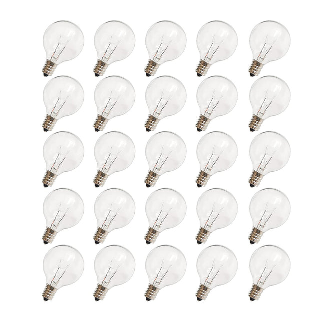 G40 Replacement Light Bulbs, 120V 5W Clear Globe Bulb, E12 C7 Candelabra Base, 1.5 Inch Glass Incandescent Bulbs for Indoor Outdoor Patio String Lights, Warm White -25 Pack