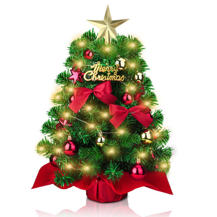 Mini Christmas Tree with Lights, Small Prelit Tabletop Christmas Tree 20”, Miniature Pine Artificial Xmas Tree with Ball Star Bowknot Ornaments for Holiday Season Desk Decoration Centerpiece