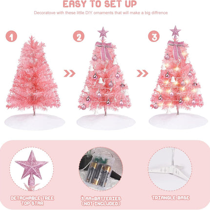 Mini Christmas Tree, 24 inch / 60 cm Artificial Small Christmas Tree with LED Lights/Decorations, Children's Desktop Christmas Tree Christmas Decoration s Christmas Tree Skirt (Pink)