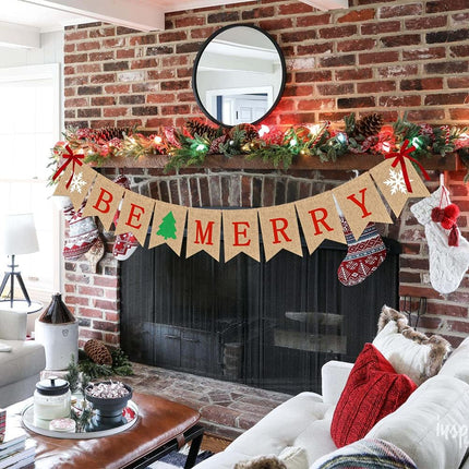 Be Merry Burlap Banner Christmas Decorations Rustic Christmas Tree Snowflake Sign Burlap Garland Christmas Decor for Mantle Fireplace Xmas Holiday Party Supplies Outdoor Indoor Hanging Decor