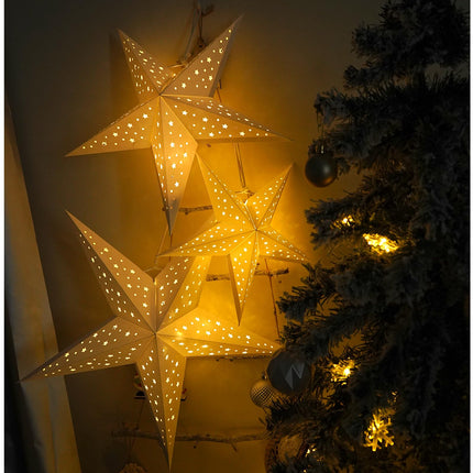 HOUÍSM Paper Star Lantern with 3PCS Fairy String Lights(30LED/1.5M), 3PCS White Star Moon Cut-Out Paper Star Lantern with 3 Sizes- 30/40/50cm for Indoor Outdoor Room Wedding Christmas Party Decor