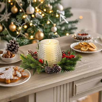 Christmas Candle Holder with Wreath Candle Rings, Christmas Centerpieces with Artificial Snowy Pine Cones and Berries for Home Dining Table Decoration