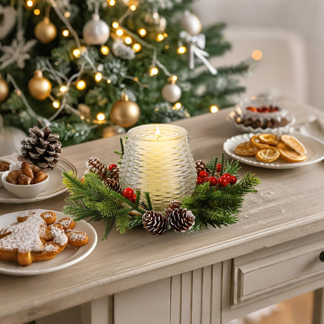 Christmas Candle Holder with Wreath Candle Rings, Christmas Centerpieces with Artificial Snowy Pine Cones and Berries for Home Dining Table Decoration