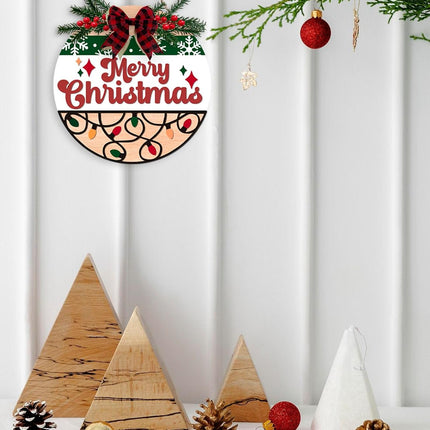 OLMIXA Merry Christmas Wreath Wooden Sign (12x12 inch), Bright Christmas Welcome Front Door Hanger, Xmas Winter Holiday Decorative Signs for Farmhouse Garden Porch Decor